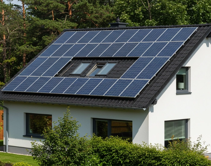 Residential home with solar panels installed on the roof.