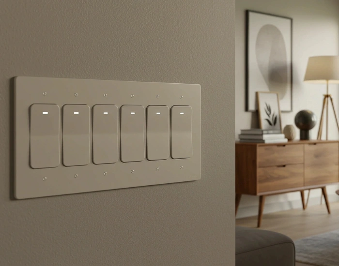 White light switches on a wall inside a home.