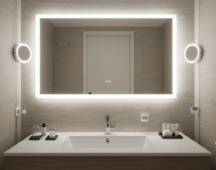 Bathroom vanity with LED lights around a modern mirror.