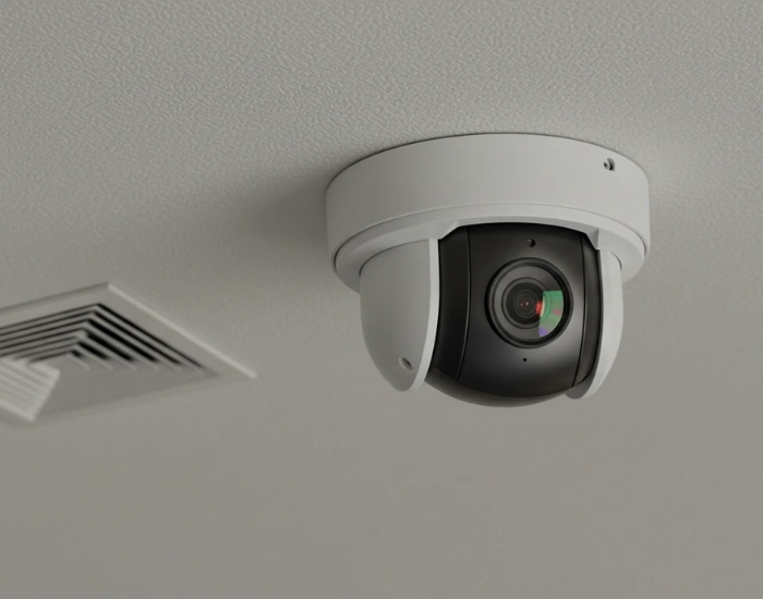 A CCTV security camera mounted on the ceiling for surveillance and home security.