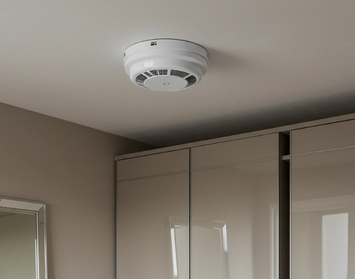 A smoke detector installed on the ceiling, ensuring safety against fire hazards