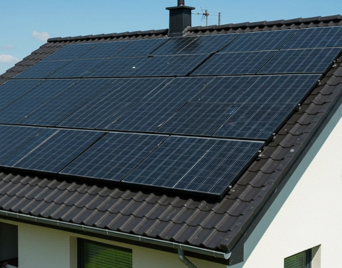 A close-up of solar panels on a roof, designed for energy efficiency