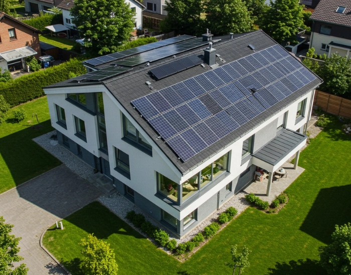 A modern home with solar panels installed on the roof, showcasing an eco-friendly energy solution.
